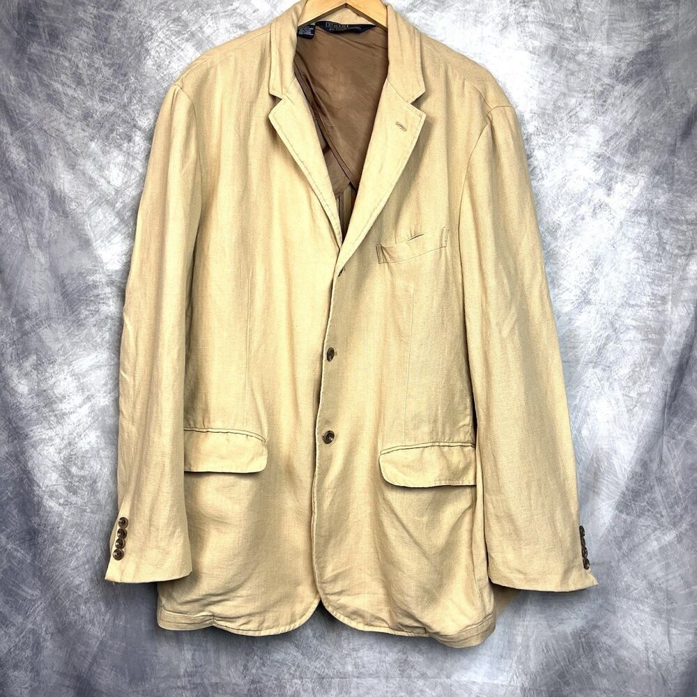 Polo Ralph Lauren 100% Linen Blazer Sport Coat Tan Khaki Men’s XL Made USA